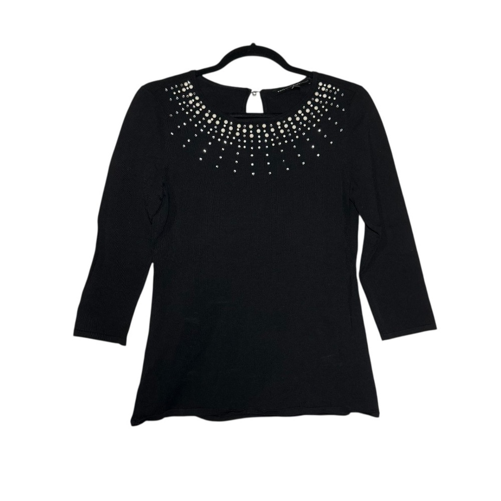 White House Black Market Sweater Embellished Neck Pearls Rhinestones Black Sz S